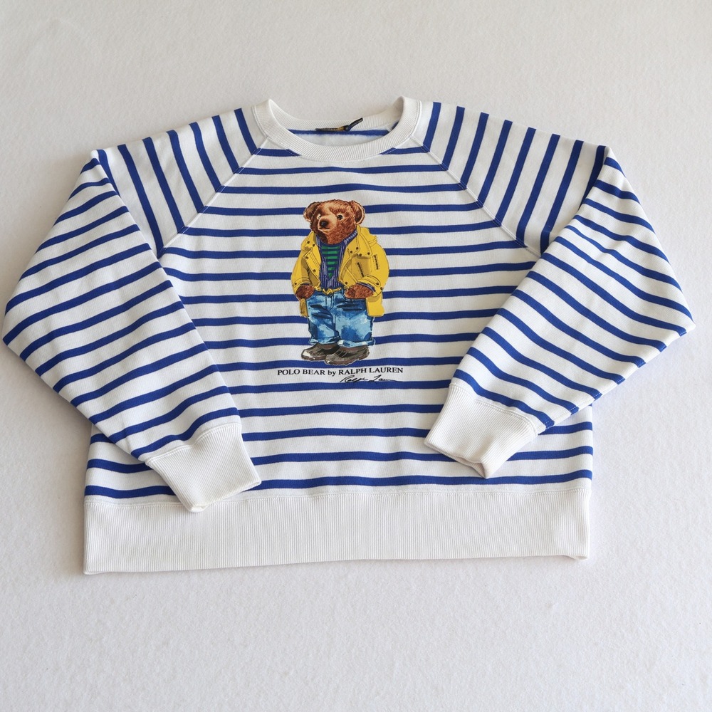 Polo Ralph Lauren Polo Bear Sweatshirt Womens Large Blue Striped Fleece Pullover - Picture 1 of 8